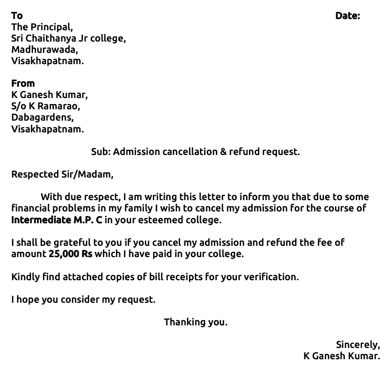 application letter for cancellation of admission in college