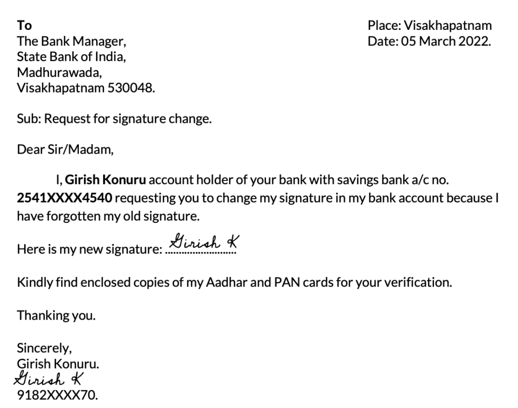 application letter for signature change in bank