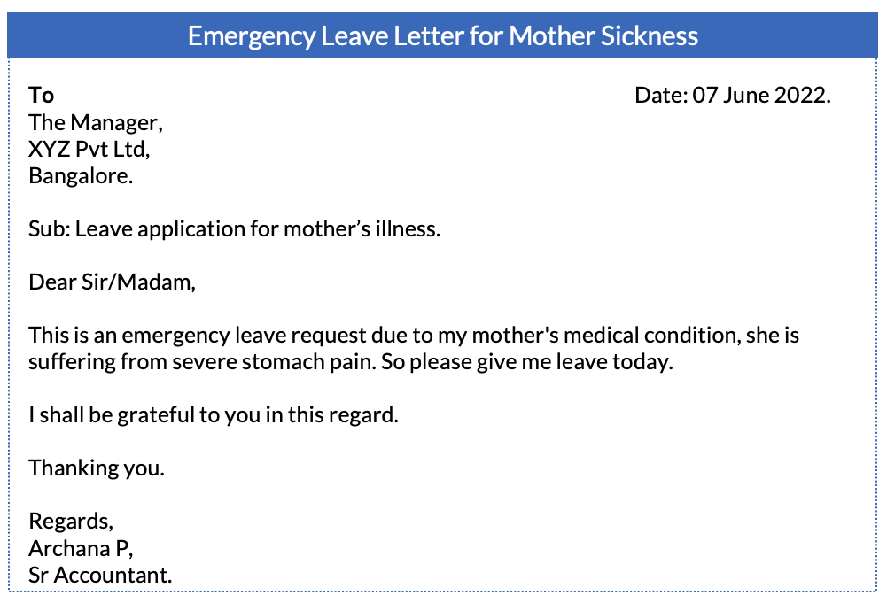 application letter for leave due to mother illness