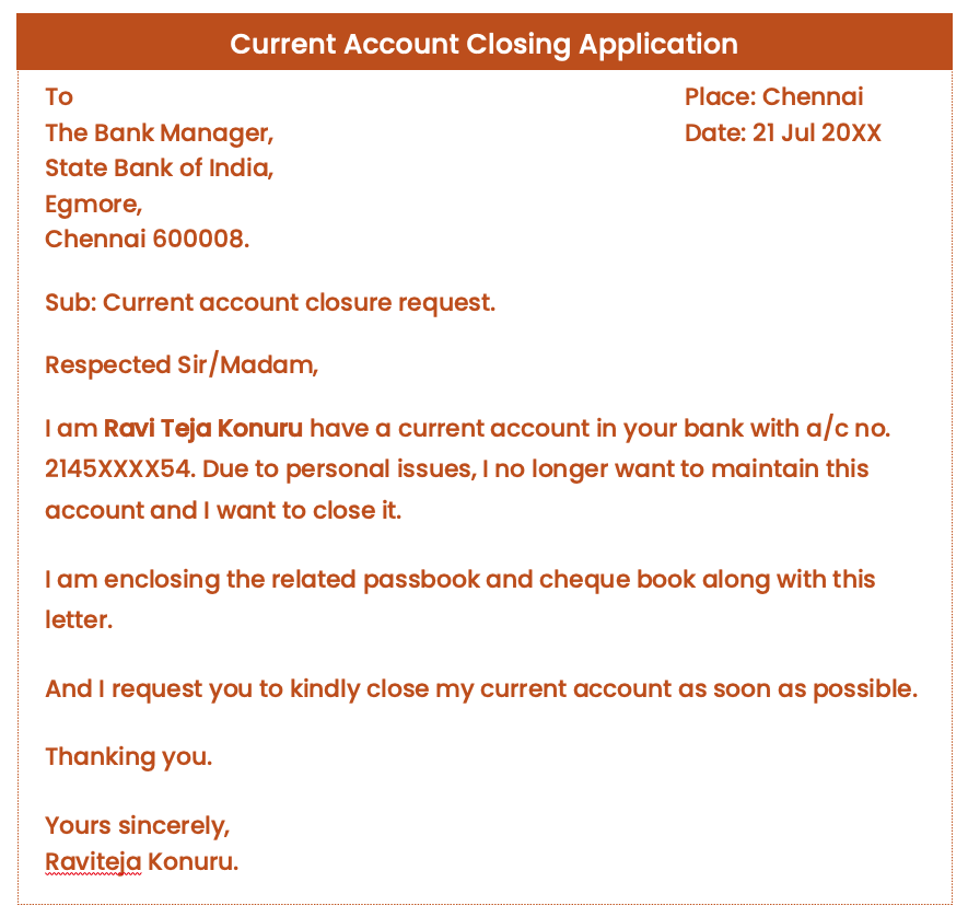Bank Account Close Application Letters in English