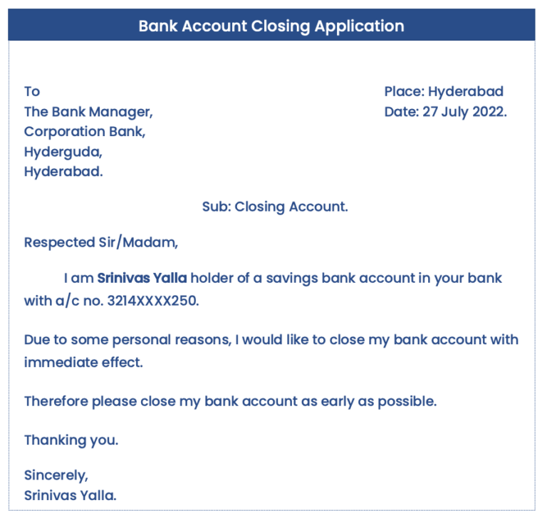 bank account closing application letter word format