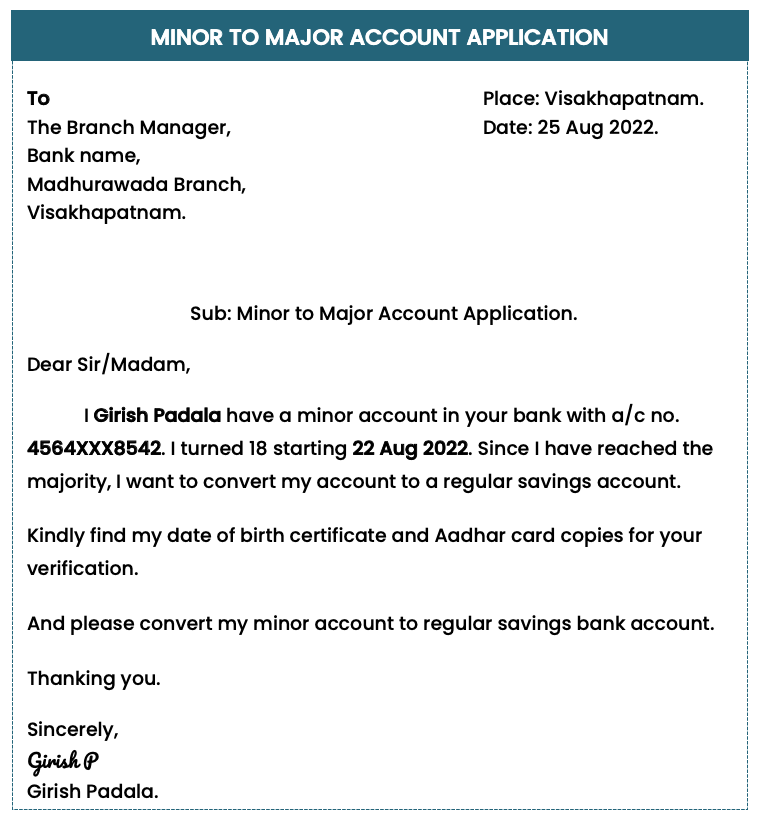 Minor to Major Account Application to Bank Manager