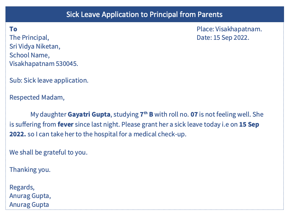 Sick leave application to school principal from parents