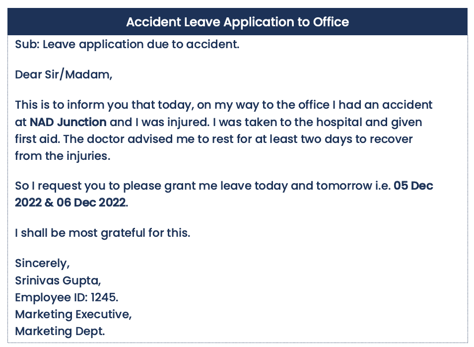Leave Application for Accident Injury ( for Office/Schoo/College) in English